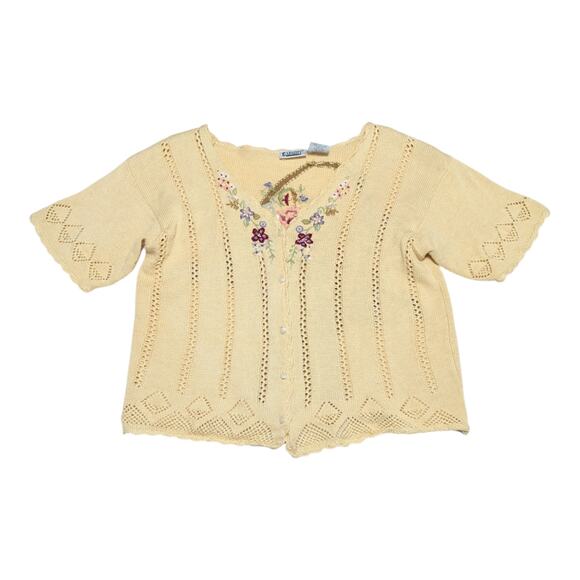 Vintage Floral Embroidered Cardigan Sweater Short Sleeve Button Down Grannycore - Picture 2 of 6